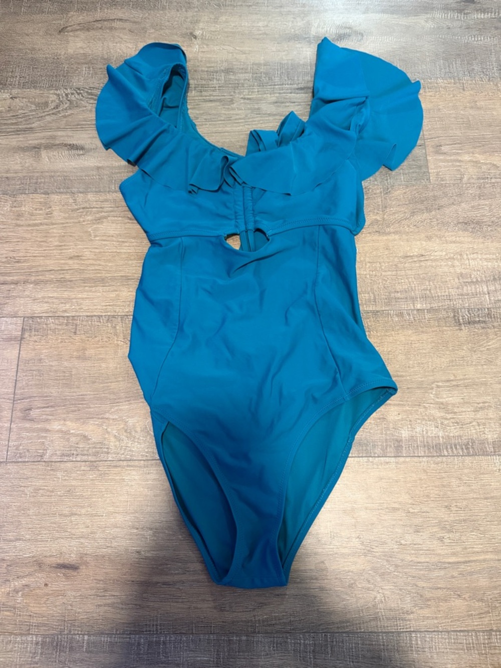 Cupshe Teal Ruffle-Shoulder One-Piece Swimsuit with Front Keyhole